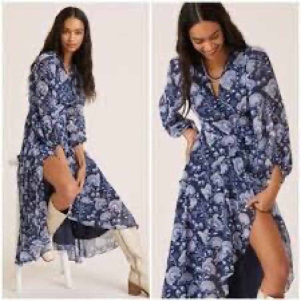 Anthropologie Blue Floral Long Sleeve Dress